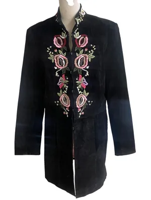 Metrostyle Black Suede‎ Embroidered Floral Jacket Sz M Hook Eye Coat STAINS! thumbnail 1