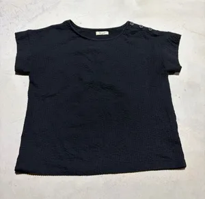 Madewell Black Textured Short Sleeve Top Shoulder Buttons medium thumbnail 1