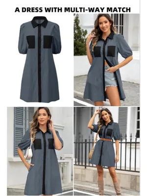 NEW V Neck Short Sleeve Button Down Striped Dress L Gray Size L thumbnail 8