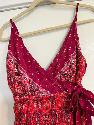 Free People Cabbage Rose Red pink Wide-Leg Wrap Jumpsuit size 0 paisley FLAWS thumbnail 4