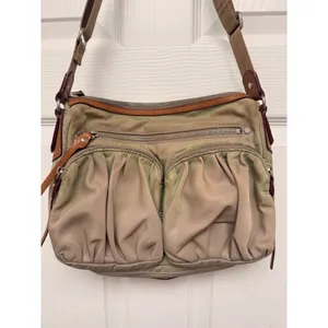 MZ Wallace Nylon Crossbody Bag Khaki Taupe Leather Trim Multi Pocket Utility thumbnail 3