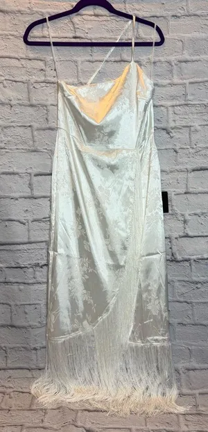 Lulu's Cream Satin Fringe Maxi Dress thumbnail 1