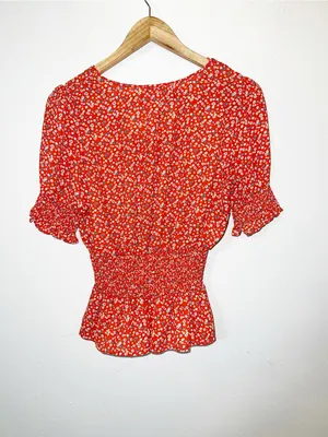 Sienna Sky Bright Orange Floral Smocked Peplum Short Sleeve Blouse thumbnail 8