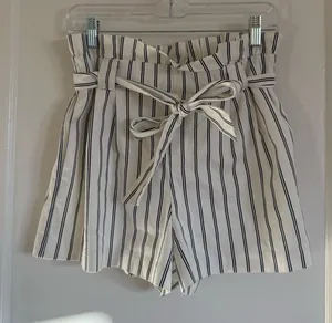 Zara Cream and Navy Striped High-Waist Paperbag Shorts with Tie thumbnail 1