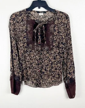 SANDRO Baroque Brown Paisley Print Sheer Lace Trim Blouse Size Small Boho Chic thumbnail 1