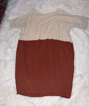 Two-Tone Beige and Rust Women’s Dress with Pockets Linen Blend thumbnail 1
