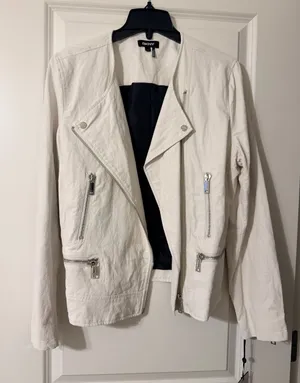 DKNY White Asymmetrical Moto-Style Leather Jacket thumbnail 1