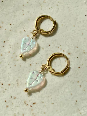 Handmade fairy cottage dainty simple Czech glass leaf dangle earrings🍃🩵 thumbnail 3