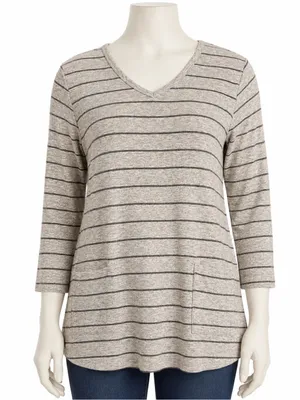 J. Jill women’s ribbed textured V neck tunic top gray patch pockets striped Sz L thumbnail 1