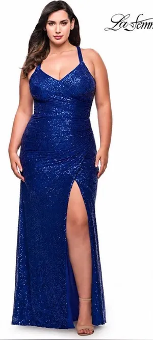 LA FEMME Curve Blue Sequin Formal Thigh‎ Slit Open Back Dress Sz 16 Homecoming thumbnail 1