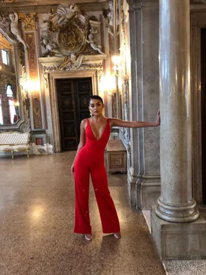 House of CB Leilah Sleeveless Plunge Jumpsuit Wide Leg Red Medium Glam Romantic thumbnail 5