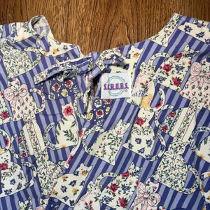 80s‎ SCRUBS Cat Floral Print Striped Scrub Dress XL Blue Cotton Pockets USA Made thumbnail 10