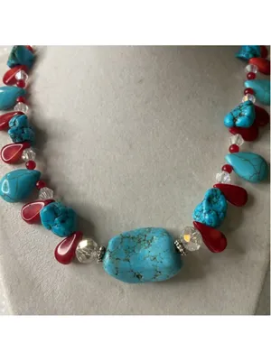 Artisan Jewelry Turquoise & Red Beaded Necklace | 18” thumbnail 5