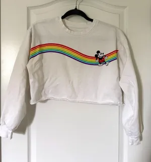 Disney Mickey Mouse Rainbow Stripe Crop Light Sweater Size M White (Runs Small) thumbnail 1