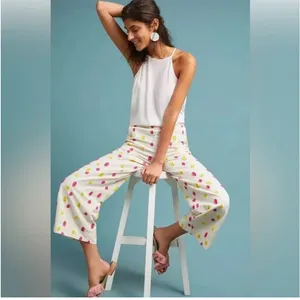 Anthropologie cream spotted cropped trousers size 8 thumbnail 2