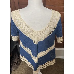 Umgee USA Crochet‎ sweater Navy blue & cream boho hippie sz M chevron thumbnail 4