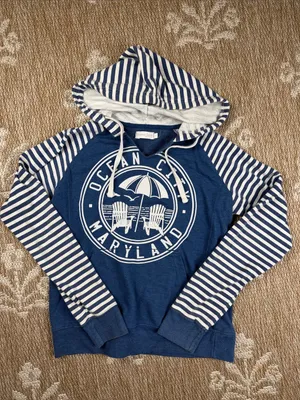 Coconut Creek Ocean City Maryland Striped Sleeve Hoodie Sweatshirt - Blue thumbnail 1