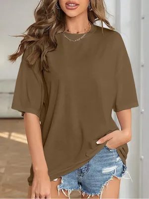 Amazon Oversized Boyfriend fit Cotton Brown Short Sleeve Crewneck Tee NWOT thumbnail 1