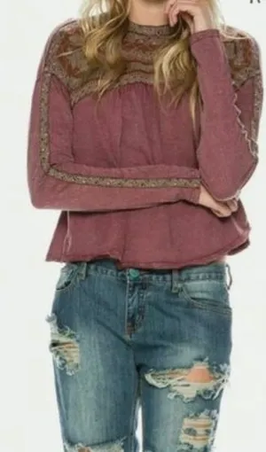 Free People Embroidered Long Sleeve Babydoll Top Plum Mauve Cotton Size Medium thumbnail 1
