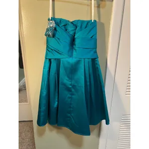 David's Bridal Womens Sz 4 Strapless Dress A-Line Satin Teal Blue Green Cocktail thumbnail 6