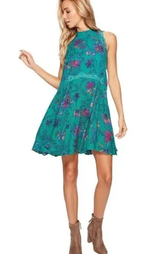 Free People She Moves teal lace trimmed floral chemise dress thumbnail 1
