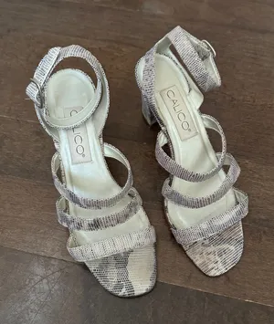 Vintage calico leather snakeskin pattern strappy block heel sandal shoe thumbnail 1