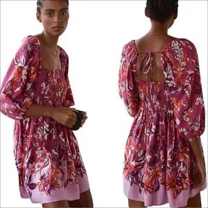 Alexandra Farmer for Anthropologie Smocked Pink Floral Mini Dress Small Petite thumbnail 2