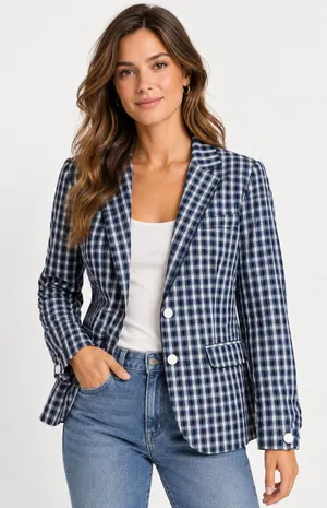 Banana Republic Plaid Blazer Women Small Navy Blue Excellent Cotton Shirt Jacket thumbnail 1