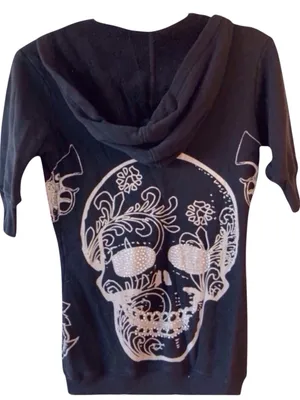Y2K Crash & Burn Skull Rhinestone Short Sleeve Hoodie Black Size S vintage thumbnail 2