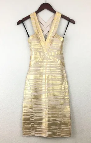 NWT BEBE Gold Foiled Bandage Dress XS thumbnail 4