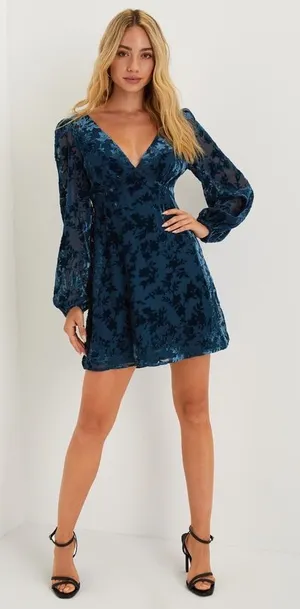 Lulus Stunning Stance Teal Blue Velvet Floral Long Sleeve Mini Dress Medium thumbnail 1