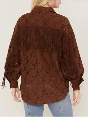 Shyanne Western Brown Lace-Overlay Frnge Shirt Jacket Size Large A1 thumbnail 2