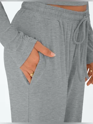 EKOUAER Woman’s Gray Wide-Leg Lounge Pant Drawstring Waist Long Sleeve Set Small thumbnail 5