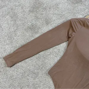 Pumiey Brown Crew Neck Long Sleeve Bodysuit Second-skin Feel Tops in Latte S thumbnail 6
