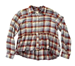 Lucky Brand Plaid Western Pearl Snap Peplum Shirt Red Blue Yellow Rodeo Festival thumbnail 1