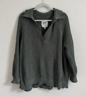 Aerie Sugar Rush Chenille Sweater in Green Size Small V Neck Collared thumbnail 2