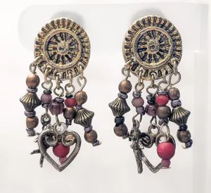 Vintage Clip On Earrings Statement Dark Gold Tone with Charms & Red/Brown Beads thumbnail 1