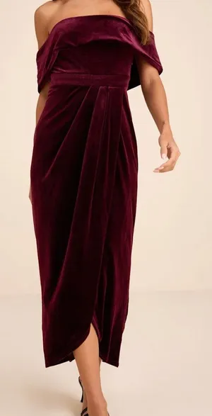 NEW Lulus I'm Enchanted Burgundy Velvet Off-the-Shoulder Tulip Dress Medium thumbnail 1