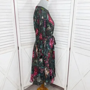 Maison Tara Dark Floral Pleated Sleeve Chiffon Fit Flare Dress Black Multi 10‎ thumbnail 4
