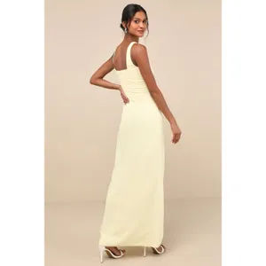 NWT Lulus Glamorous Disposition Light Yellow Ruched Maxi Dress Bridesmaid Sz L thumbnail 3