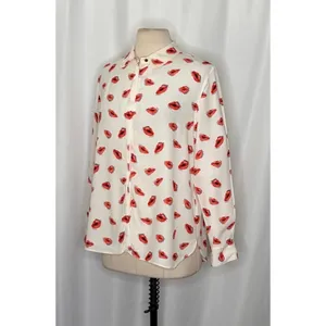 ZARA ZW Collection White Pink Lips Print Buttondown Top Blouse Lipstick X-Large thumbnail 5