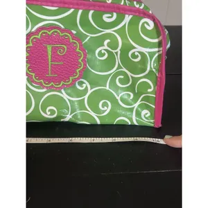 Monogram F Green Pink Swirl Cosmetic Makeup Bag Travel Organizer 10” 4” thumbnail 7