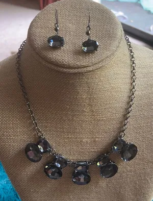 Gunmetal Crystal Drop Necklace & Earring Set - Dark Gray Statement Jewelry thumbnail 1