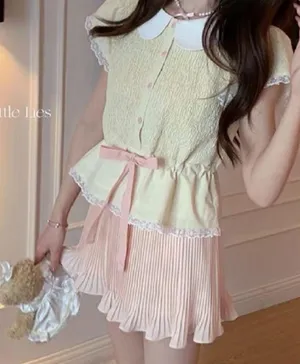 Pastel Yellow Japanese Kawaii Ballet Cottage Pink Ribbon Button Down Shirt Top thumbnail 3