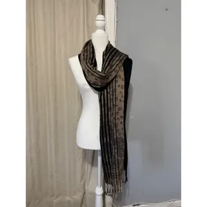 Black and Tan Paisley Floral Pashmina Wrap Scarf Shawl with Fringe Trim 28x72 in thumbnail 5