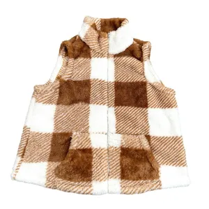 Women's Fuzzy Plaid Zip Up Vest in White/Brown, Size L​​ thumbnail 1