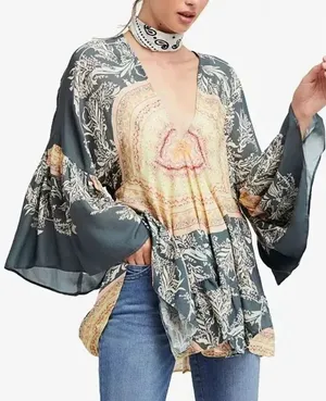 ✨Free People Sunset Dreams Printed Bell-Sleeve Sz Medium Tunic✨ thumbnail 1