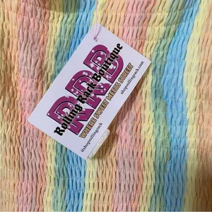Aakaa NWT pastel rainbow smocked ruffle tiered shoulder tie midi dress Sz Large thumbnail 9