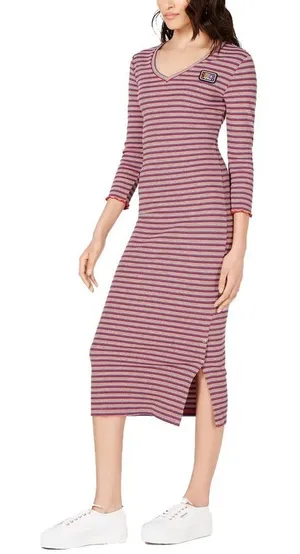 Juicy Couture Womens Midi Dress Multicolored Stripe Rib Knit Side Slit Small thumbnail 1