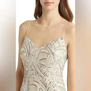 Vince Camuto Illusion Lace Yoke Sleeveless Champagne Sequin Sheath Dress Size 6 thumbnail 3